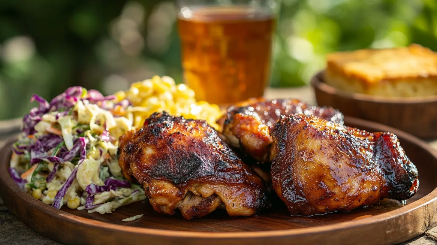 Smoked chicken thighs served with coleslaw and cornbread.