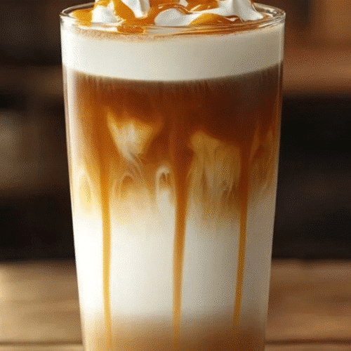 A glass of caramel macchiato with layers of milk and coffee, topped with whipped cream and caramel sauce. There are coffee beans on the wooden table in front of it.
