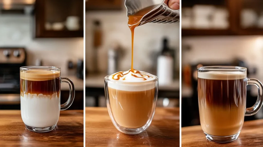 Step-by-step preparation of a caramel macchiato.