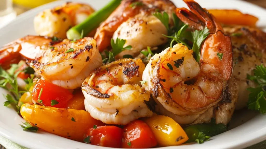 A beautifully plated chicken and shrimp dish with golden brown chicken, perfectly cooked shrimp, fresh herbs, and vibrant vegetables on a white plate.