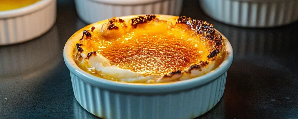 Chef using a kitchen torch to caramelize sugar on crab brûlée."
Title: "Caramelizing Crab Brûlée Sugar Topping