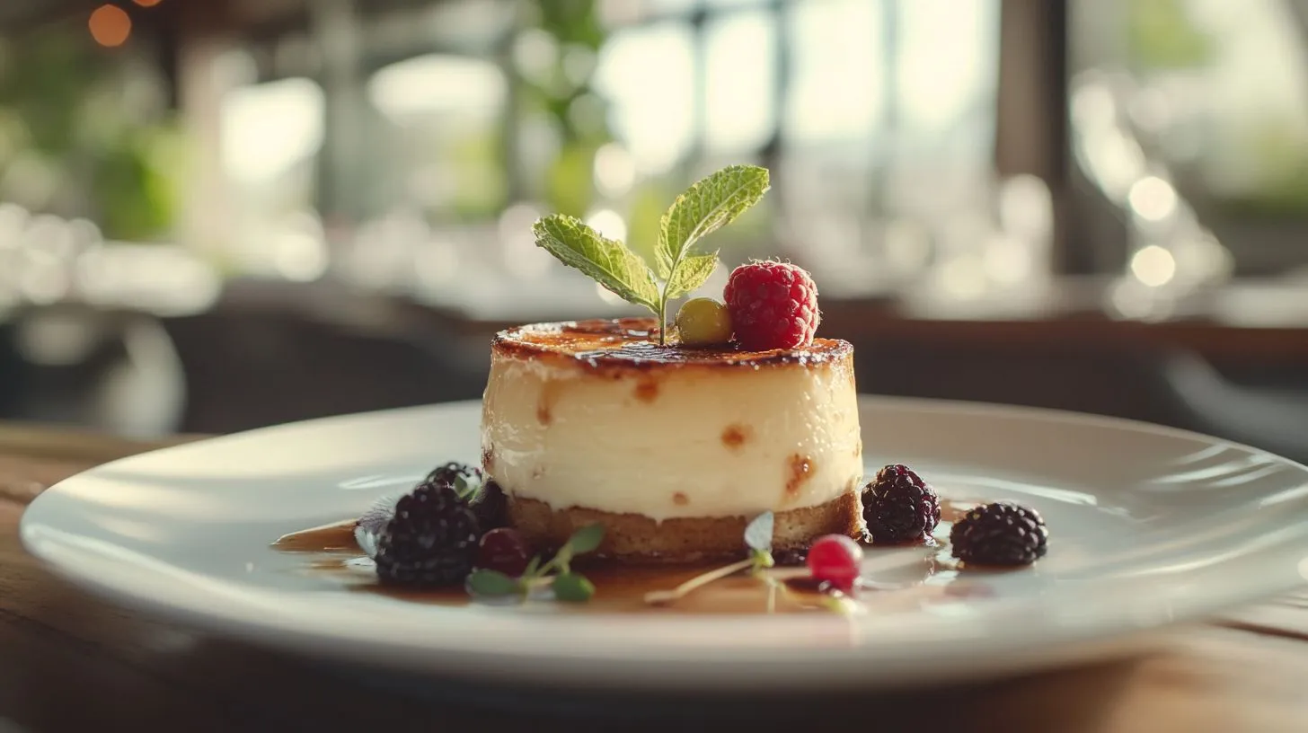 Perfectly caramelized crème brûlée garnished with berries and mint