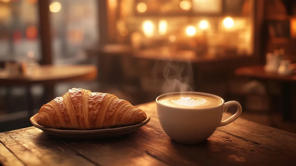 Bowl of café au lait with a croissant in a cozy French café setting.