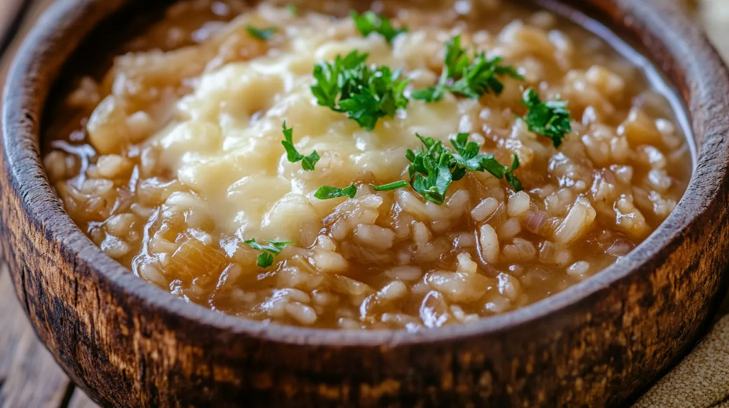 French onion soup rice in a rustic bowl with caramelized onions and melted cheese