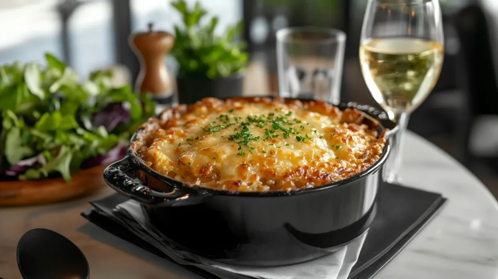 French onion soup rice casserole topped with golden melted cheese