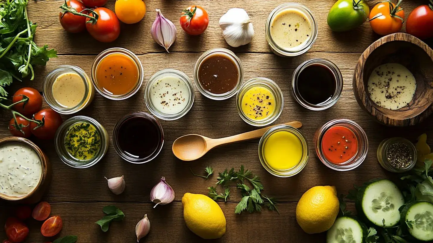 A top-down view of homemade salad dressings in glass jars, surrounded by fresh ingredients like olive oil, lemon, herbs, and spices, with a drizzle over a colorful salad."