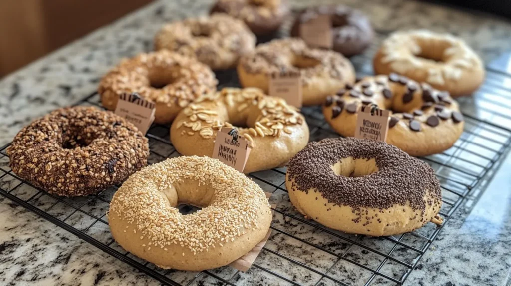 A colorful array of bagel variations highlighting the versatility of 2 ingredient bagels.