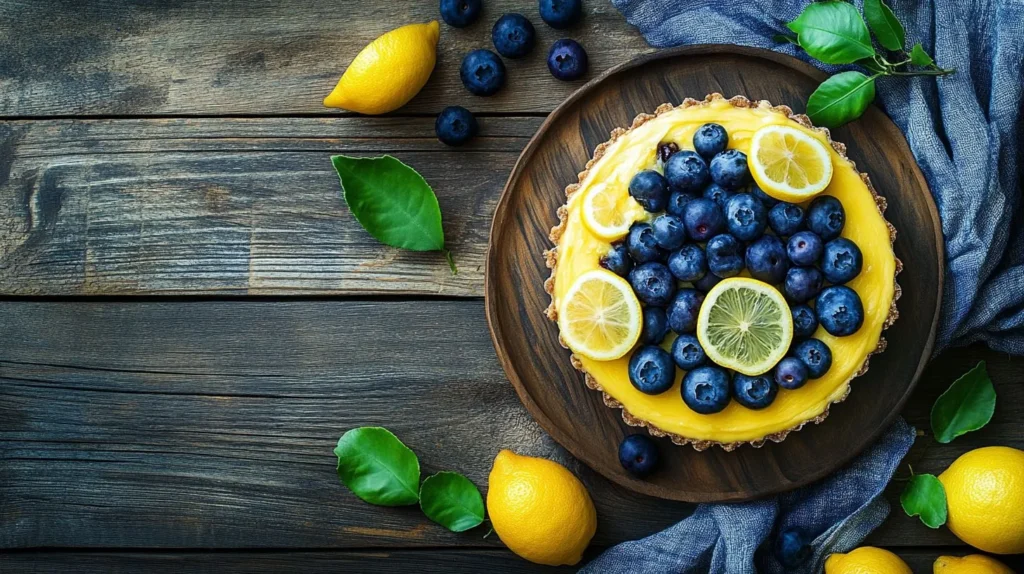 Lemon Blueberry Cheesecake with blueberries and lemon slices on a wooden table.