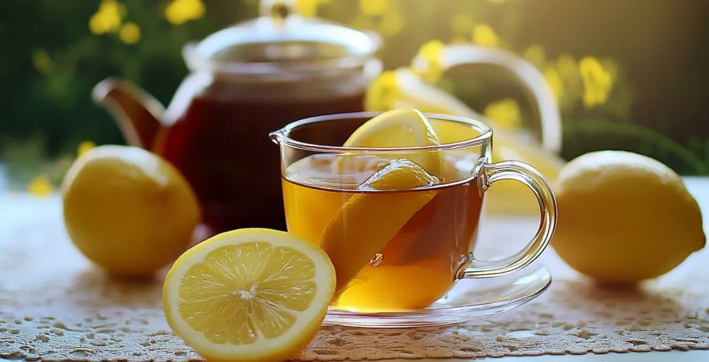 A cup of lemon tea in a cozy morning and evening setting.