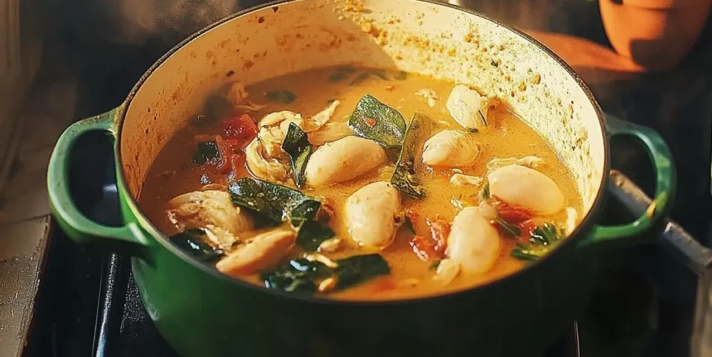 Cooking process of Marry Me Chicken Soup with chicken, broth, and aromatics simmering in a pot.