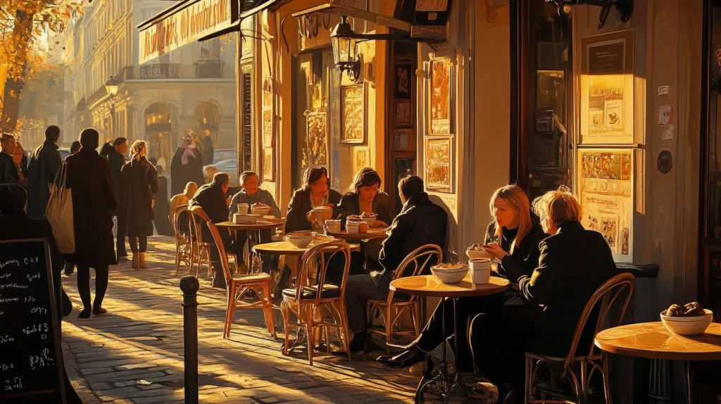 Parisian café scene with café au lait and French décor.