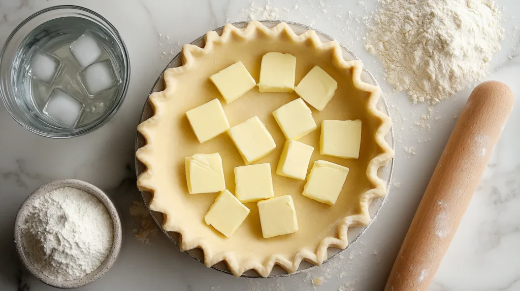 Pie crust ingredients, including flour, butter, salt, and ice water, on a kitchen counter.