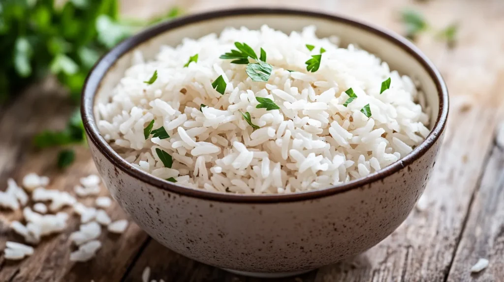 A bowl of white and brown rice on a rustic wooden table