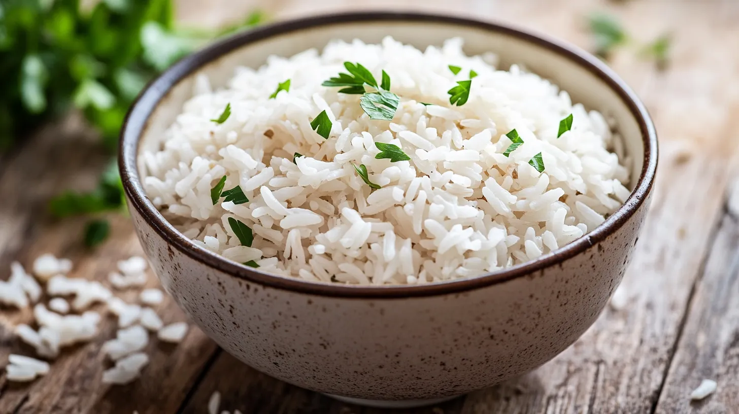 A bowl of white and brown rice on a rustic wooden table