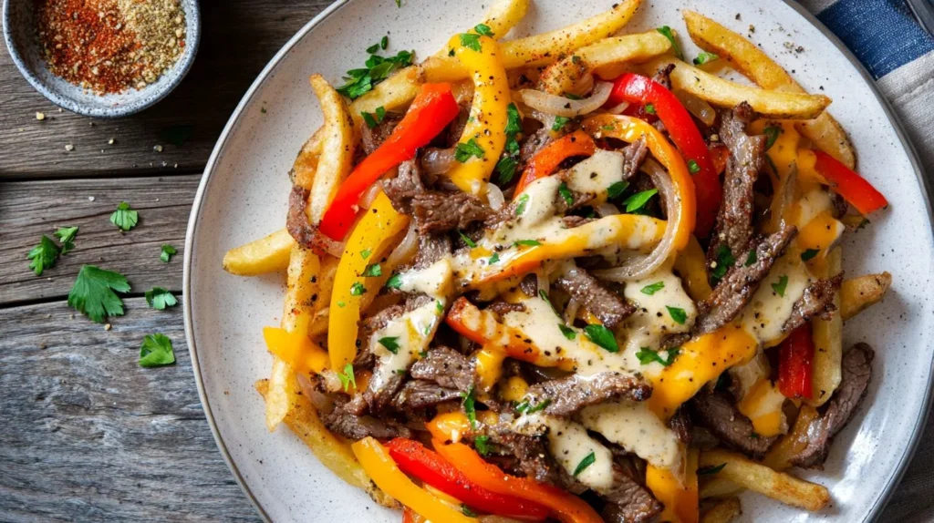 Cheesesteak fries topped with seasoned beef, melted cheese, and sautéed onions.