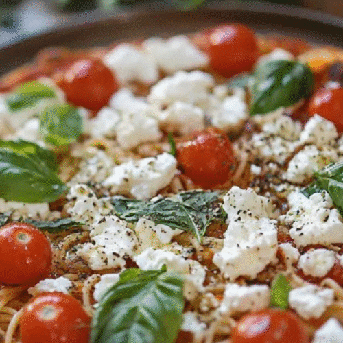A close-up of spaghetti topped with cherry tomatoes, fresh basil leaves, and crumbled feta cheese.