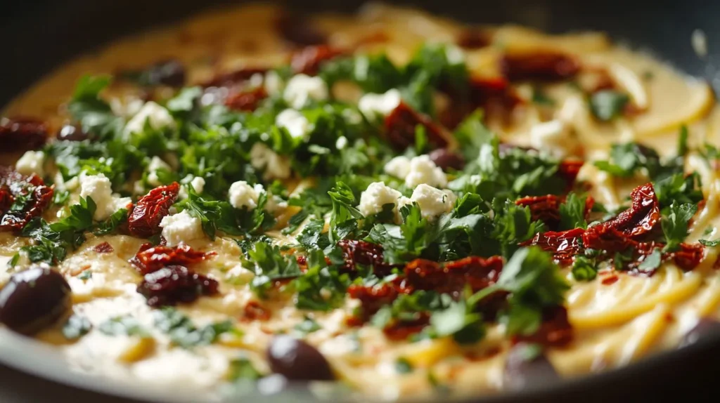 Close-up of Mediterranean spaghetti with feta, sun-dried tomatoes, and olives