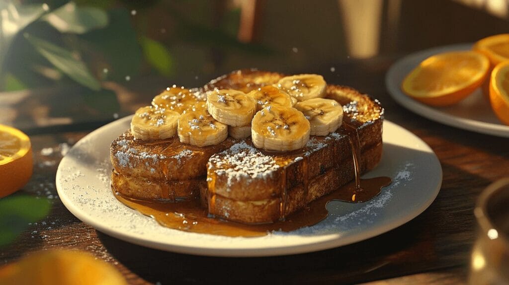 French toast topped with caramelized bananas and powdered sugar on a white plate.