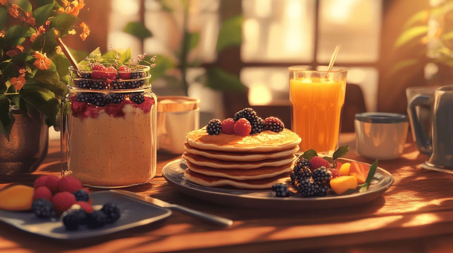 A colorful breakfast spread with pancakes, chia pudding, and a smoothie bowl on a wooden table