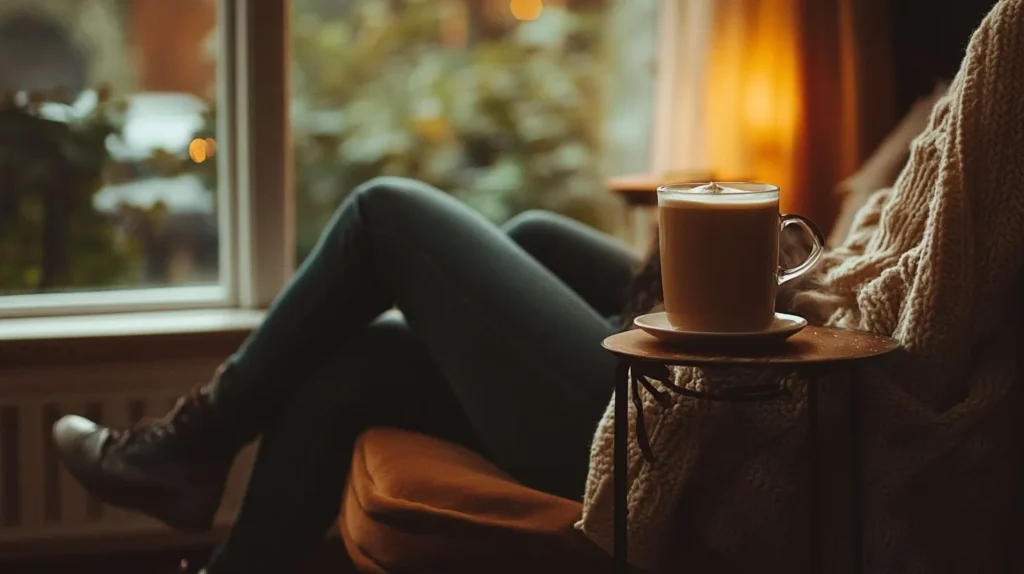 A person relaxing with a Vanilla Latte by the window