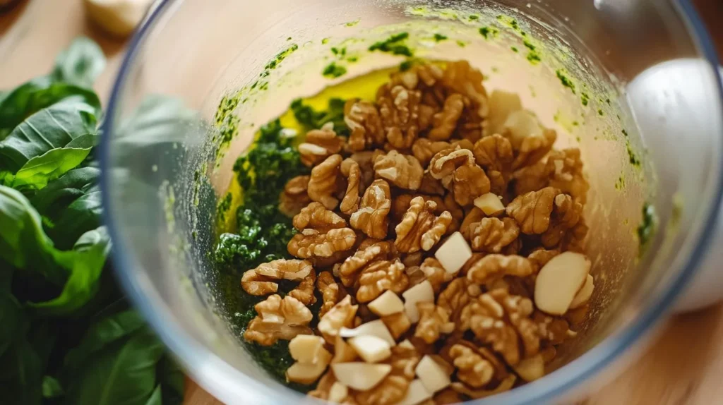 Making walnut pesto in a food processor