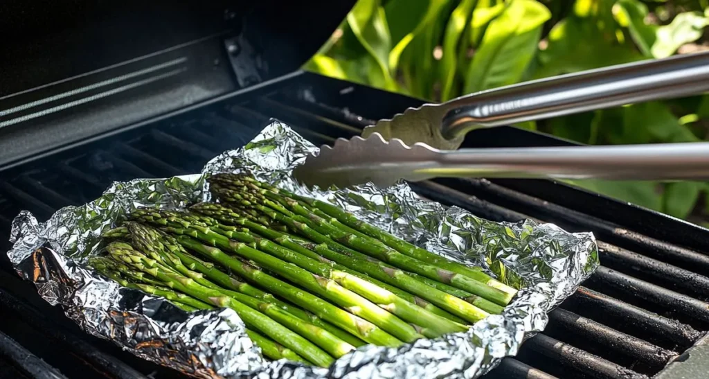 Foil packet with asparagus grilling over open flames