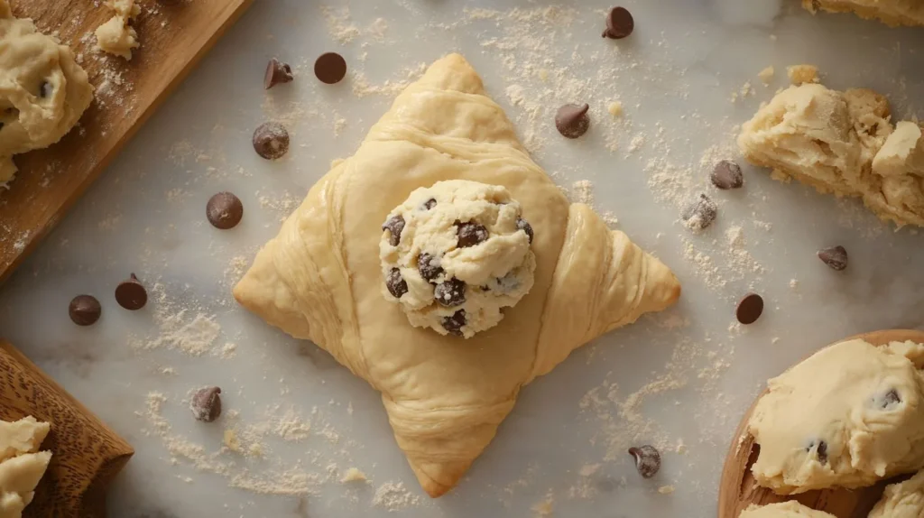 Unbaked croissant dough with cookie dough filling