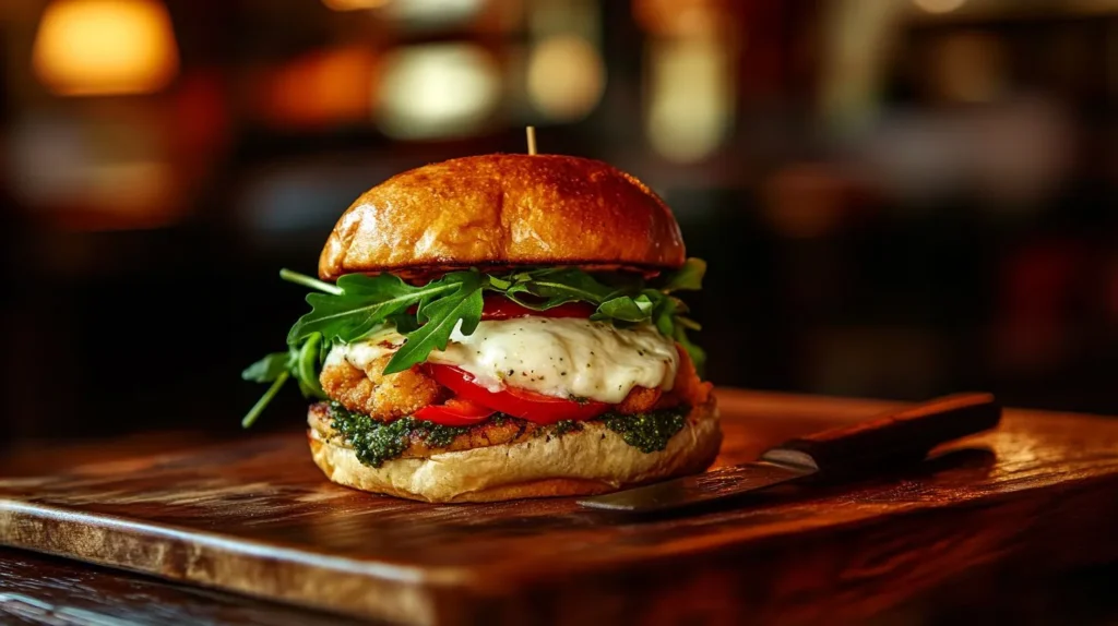 Chicken cutlet sandwich with arugula, pesto, and roasted red peppers.