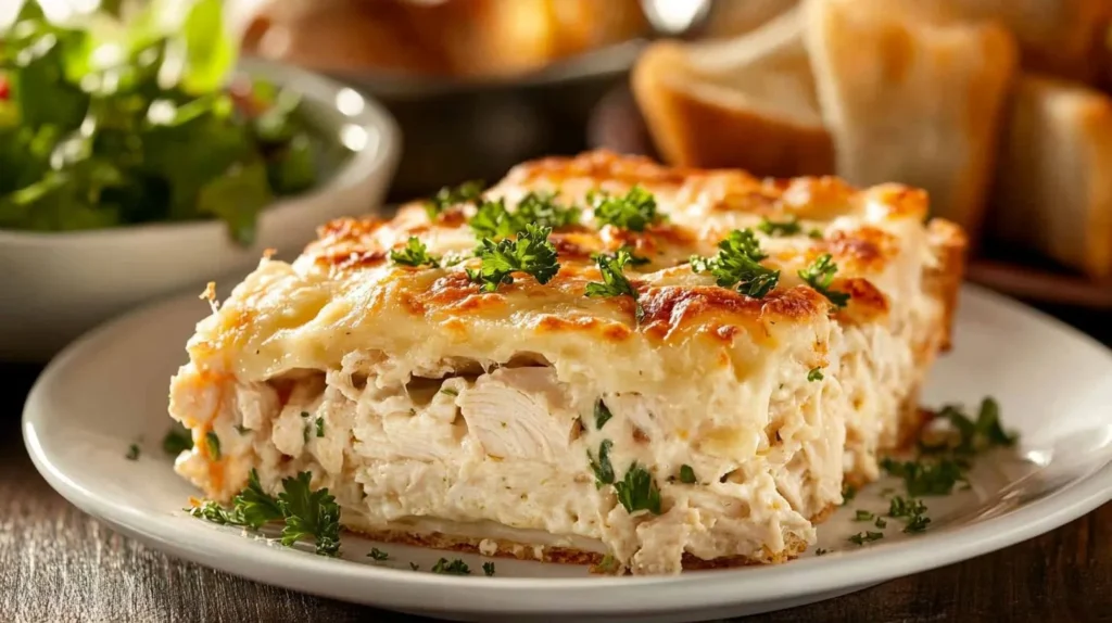 A slice of million dollar chicken casserole with parsley garnish.