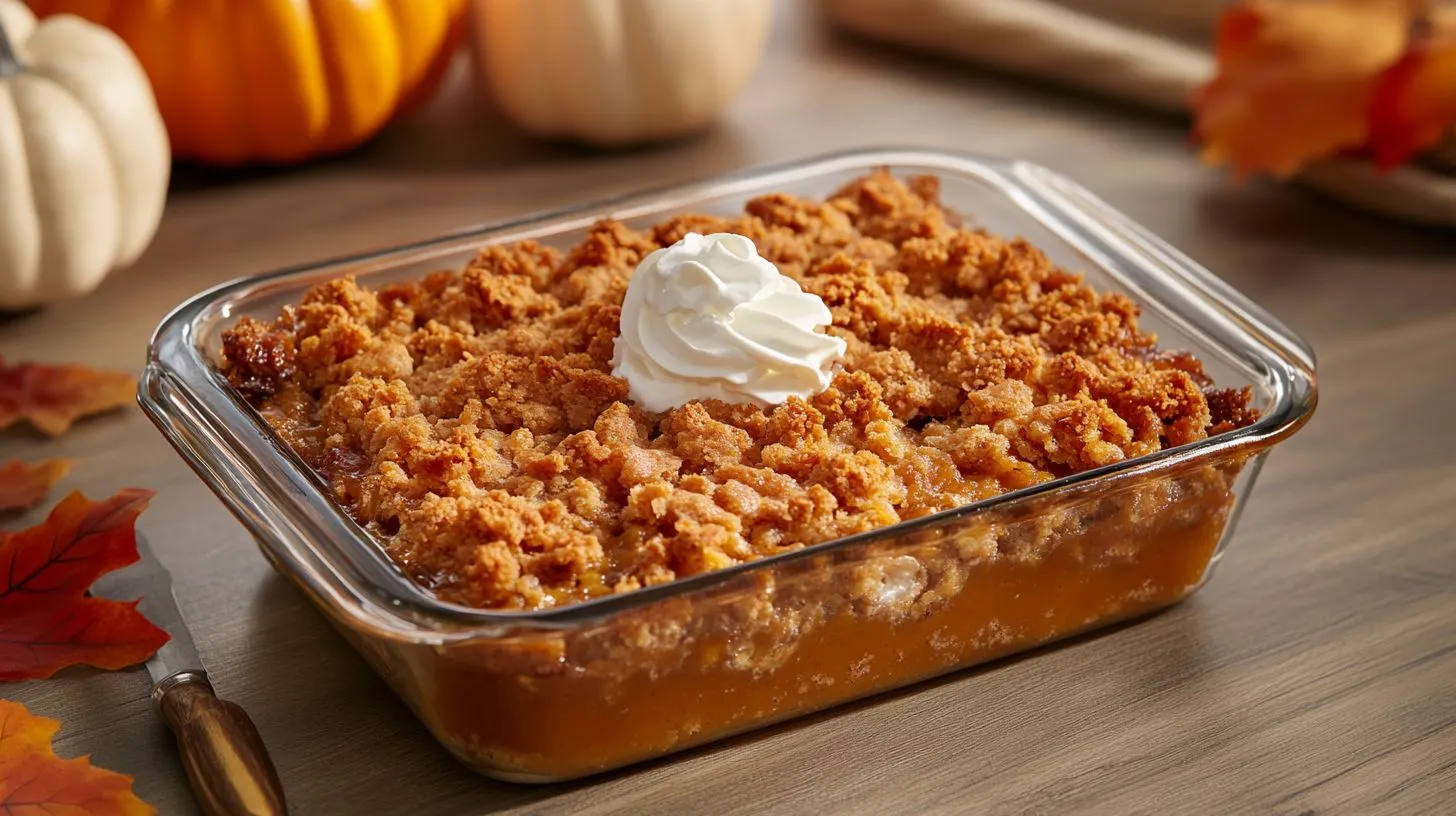 A rich and creamy pumpkin dump cake served in a baking dish, perfect for fall gatherings.