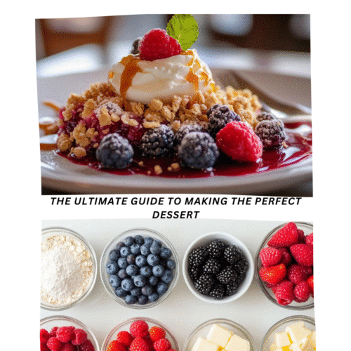 Berry crumble dessert topped with whipped cream, caramel drizzle, and fresh berries, next to ingredients including flour, butter, and assorted berries in bowls.