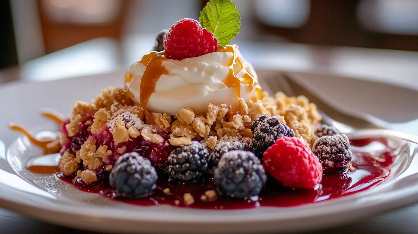 caramel sauce, whipped cream, and fresh berries. Title: Plated Berry Crumble Dessert