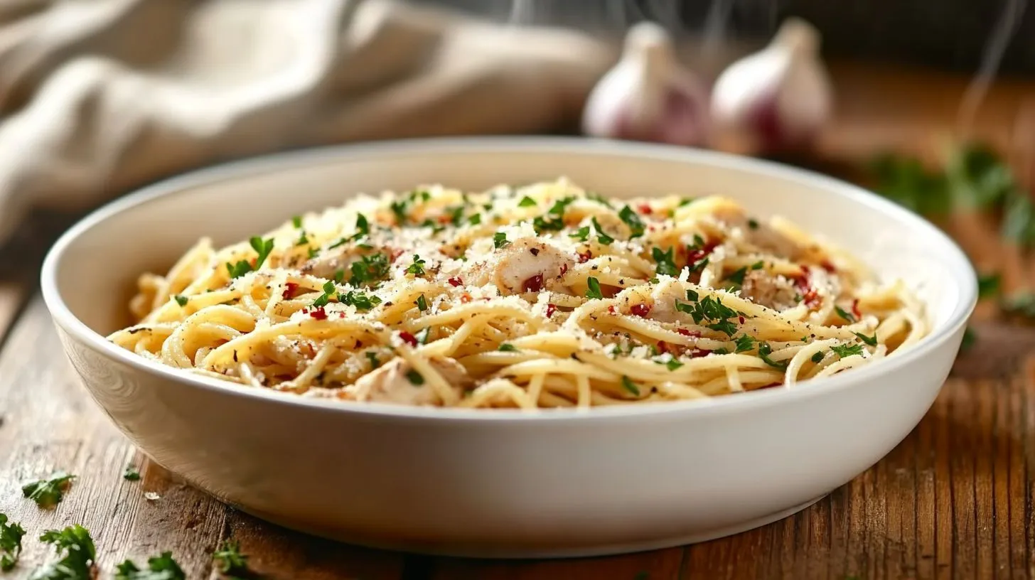 Garlic Parmesan Chicken Pasta served in a rustic white bowl.