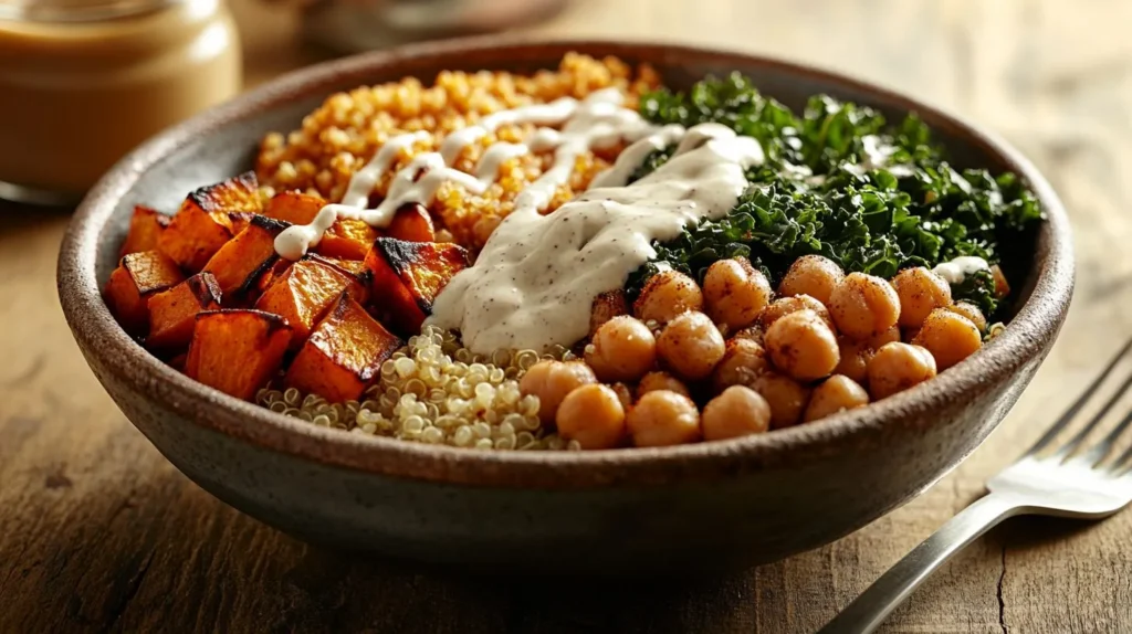 Grain bowl with tahini dressing and roasted vegetables.