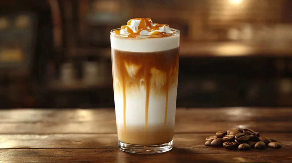 A steaming caramel macchiato with layers of milk, espresso, and caramel drizzle in a café setting