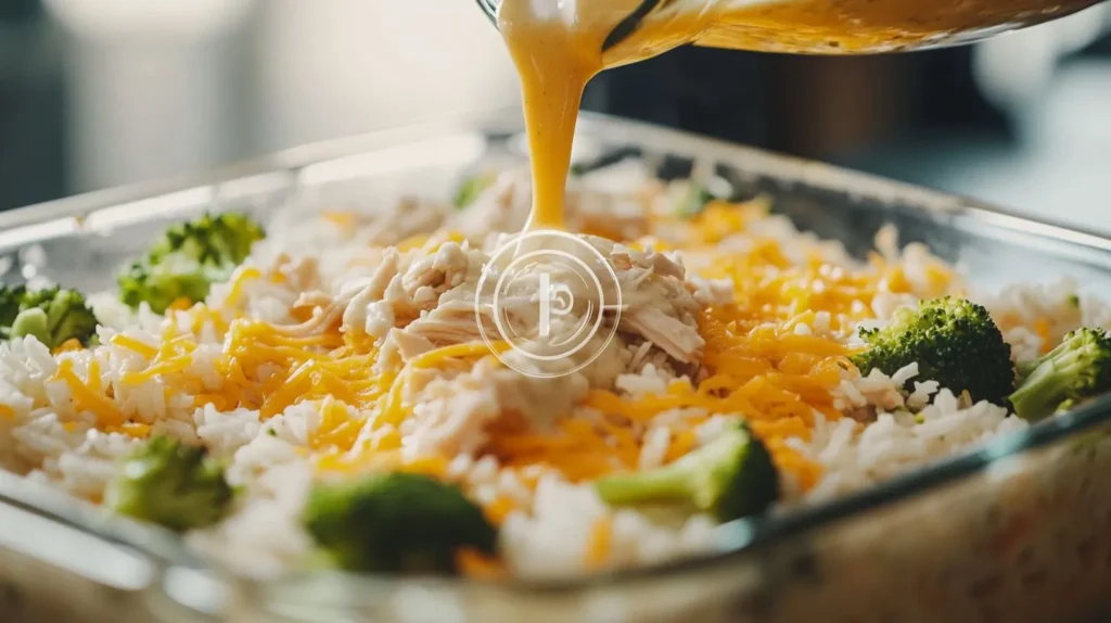  Layers of rice, broccoli, and chicken being assembled in a casserole dish.