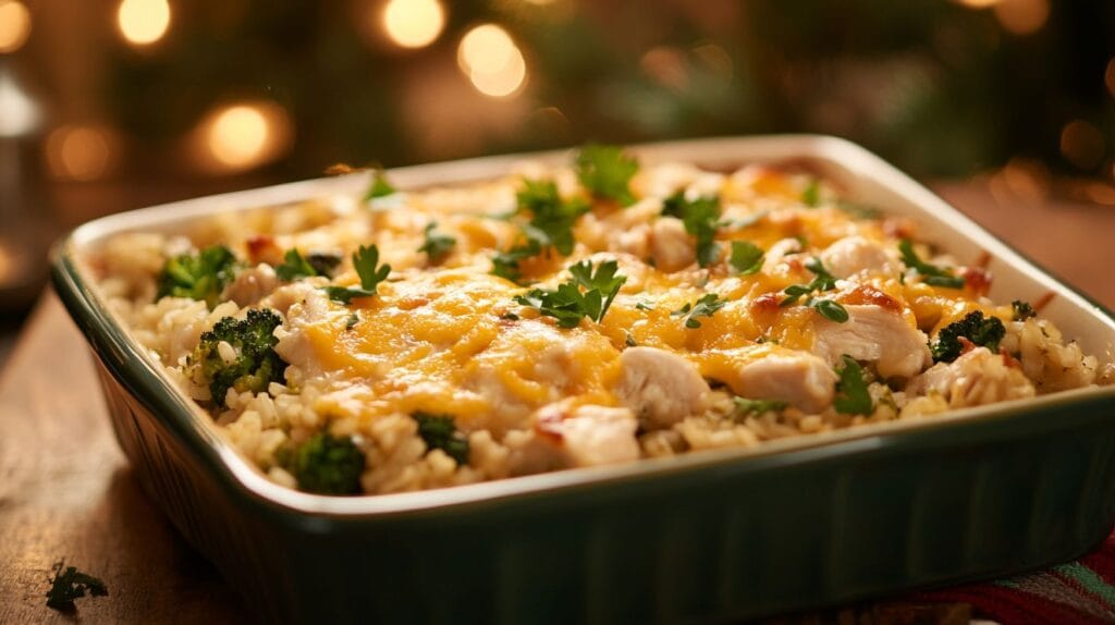 Chicken broccoli rice casserole in a dish with melted cheese and parsley garnish