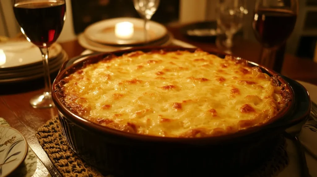 A slice of spaghetti casserole served with a fresh green salad and a tropical smoothie