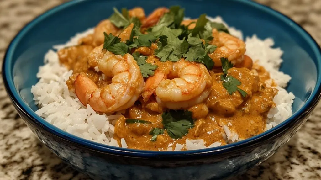 A vibrant bowl of chicken and shrimp curry with coconut milk, served over steamed rice, garnished with fresh cilantro.