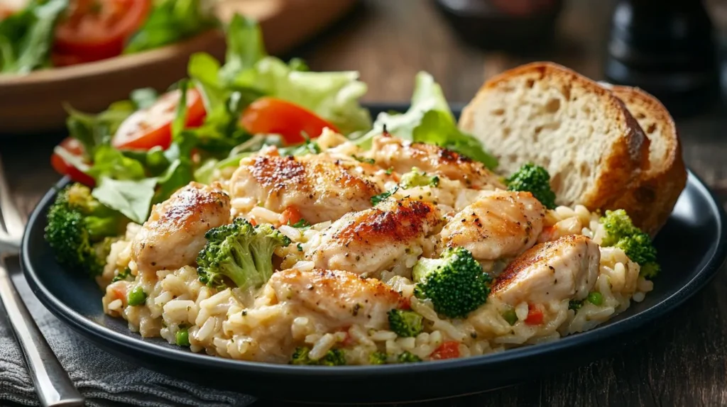 Chicken broccoli rice casserole served with a salad and garlic bread.