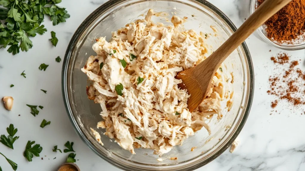 Preparing million dollar chicken casserole with ingredients in a bowl.
