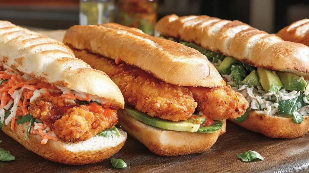 Creative variations of chicken cutlet sandwiches with different toppings.