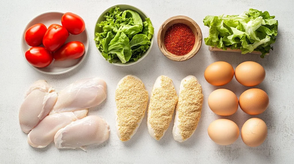 Ingredients for making a chicken cutlet sandwich