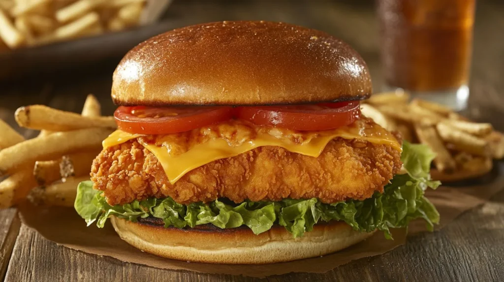 A gourmet chicken cutlet sandwich with toppings on a brioche bun.