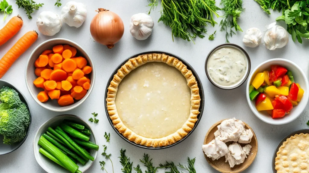 Chicken pot pie ingredients on a kitchen counter.