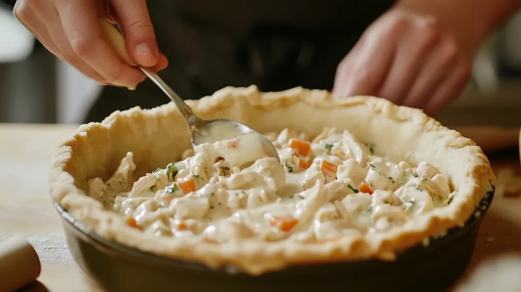 Assembling a chicken pot pie with filling in the crust.