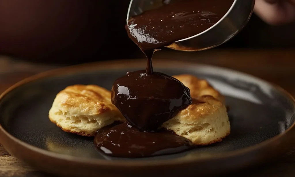 Thick chocolate gravy being poured over homemade biscuits.