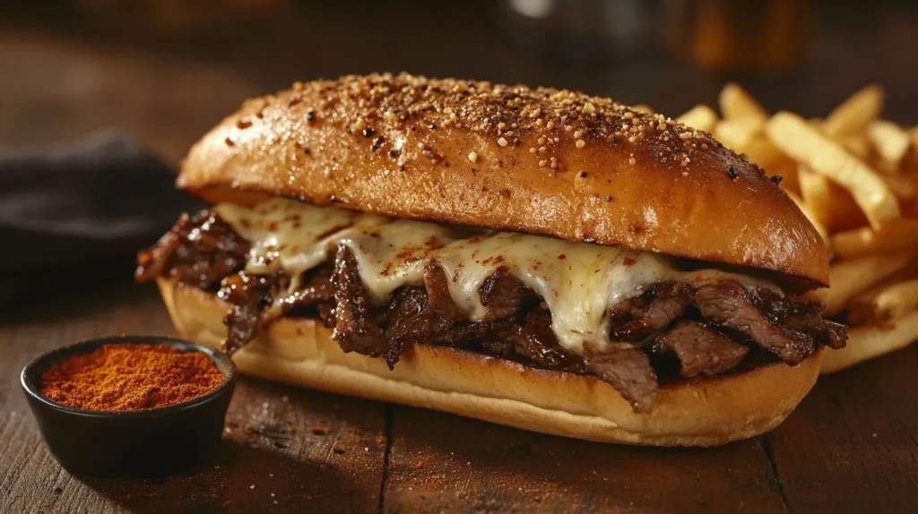 Close-up of a classic Philly cheesesteak with melted cheese and fresh hoagie roll.