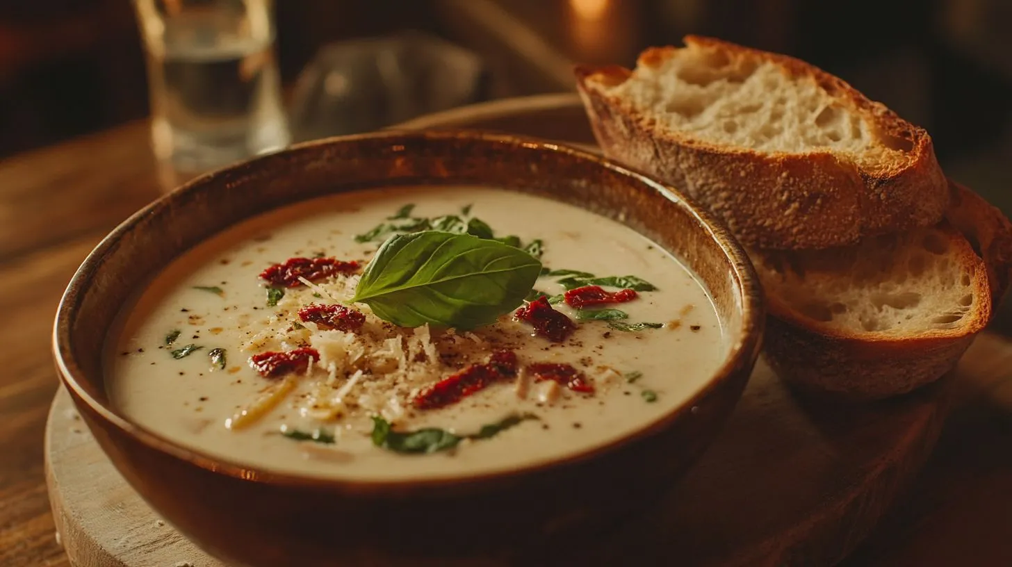 A bowl of creamy Marry Me Chicken Soup with parmesan and sun-dried tomatoes.