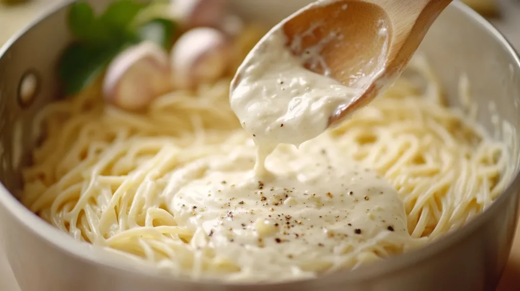 Creamy garlic parmesan sauce being poured over past